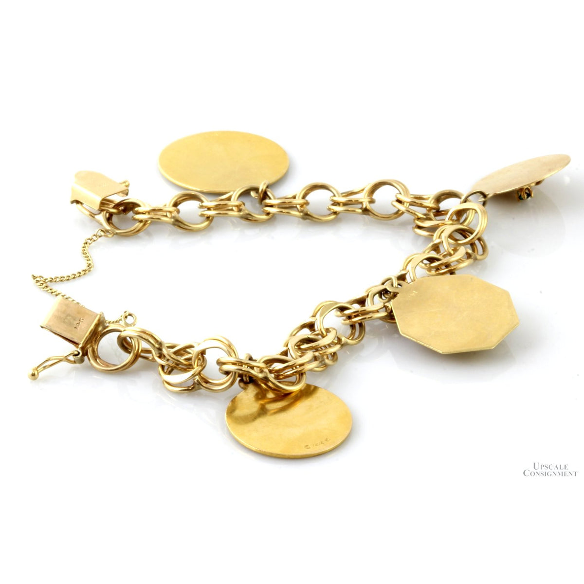 14K Yellow Gold Double Link Charm Bracelet w/4 Charms