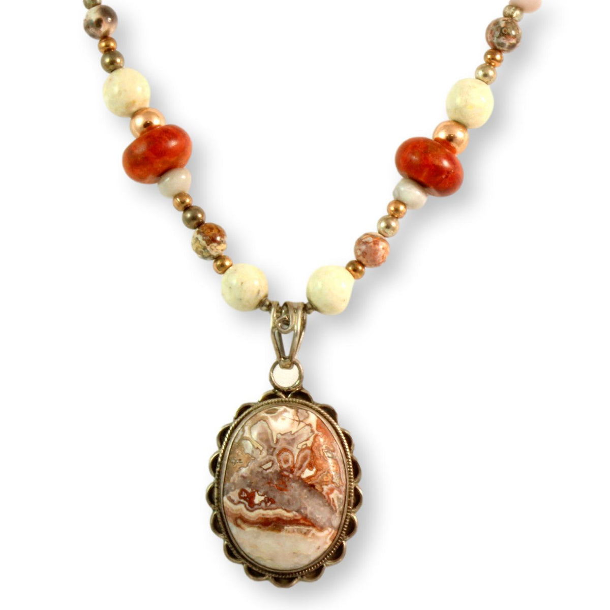 Mult-stone Necklace w/Mexican Crazy Lace Agate Pendant