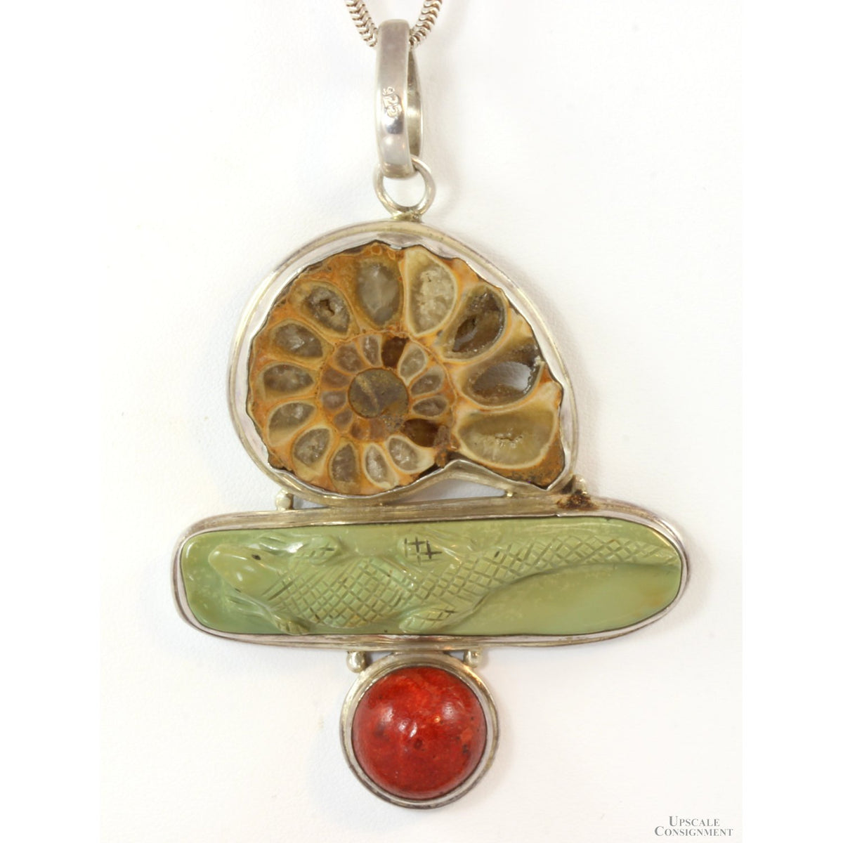 Ammonite,Carved Agate Gecko, Red Sponge Coral Necklace