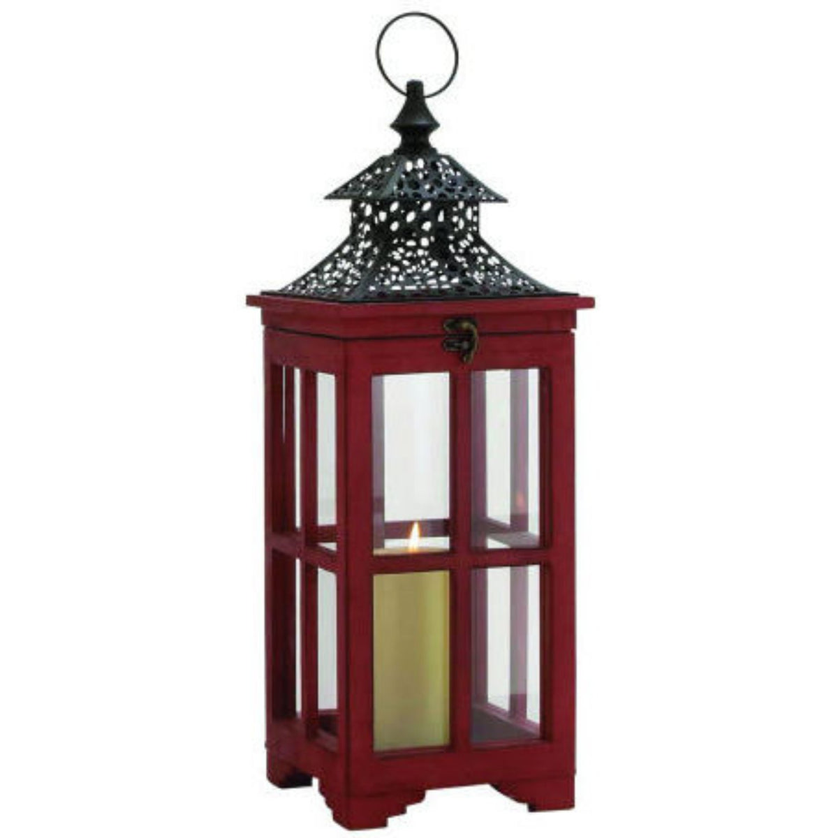 Wood, Metal, & Glass Lantern, Red, 21"(h)