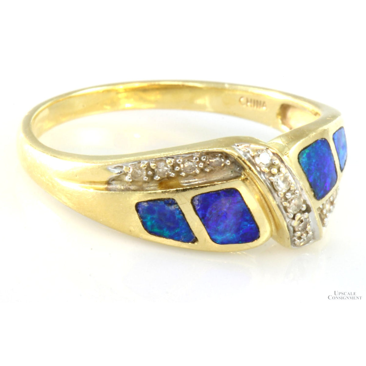 Blue & Green Opal Inlay & .13ctw Diamond 14K Gold Ring