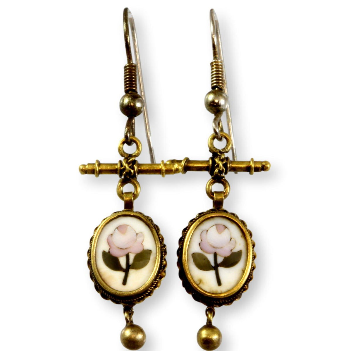 22K Gold & Silver Pietra Dura Flower Mosaic Articulated Earrings