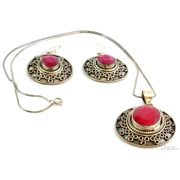 Vintage Sterling Silver Ruby Necklace & Earring Set by Stauer