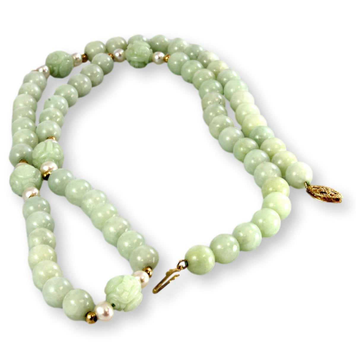 Light Green Nephrite Jade Pearl 14K Gold Bead Necklace