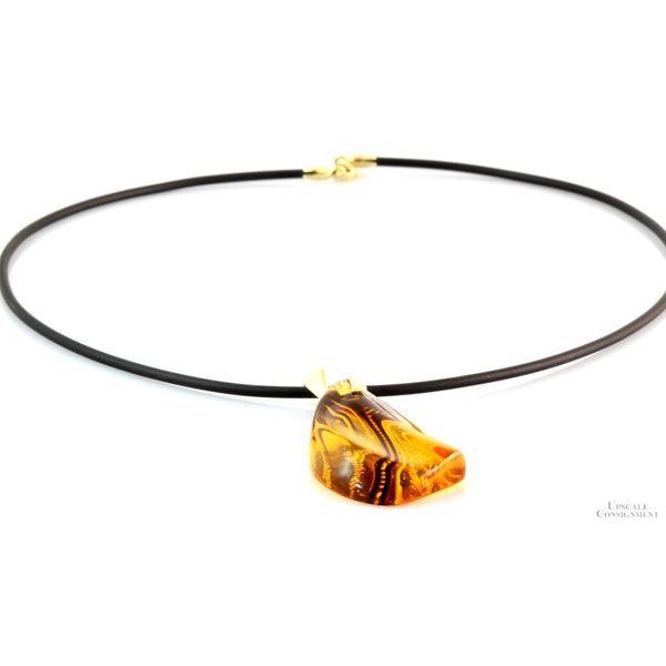 Fancy Cut Etched Amber 14K Yellow Gold Pendant Necklace