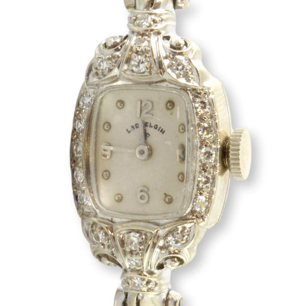 14K White Gold .35ctw  Diamond Lady's Elgin 19 Jewel Wind-Up Watch