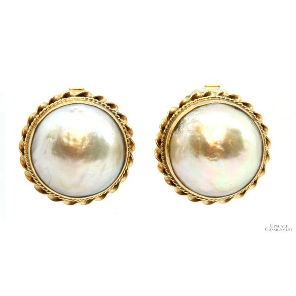 14K Gold Large 16mm South Sea Mabe Pearl Clip Back Earrings