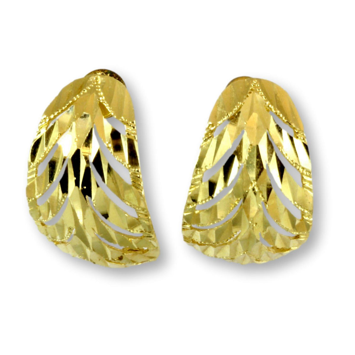 Diamond Cut Design 14K Yellow Gold J-Hoop Earrings