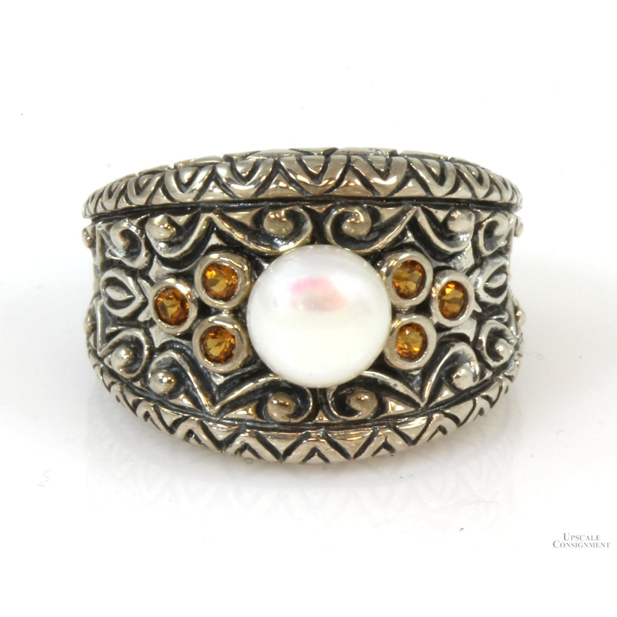 Barbara Bixby Sterling Silver Filigree Pearl & Citrine Ring