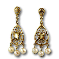 14K Gold Filigree Pearl & Citrine Chandelier Dangle Earrings