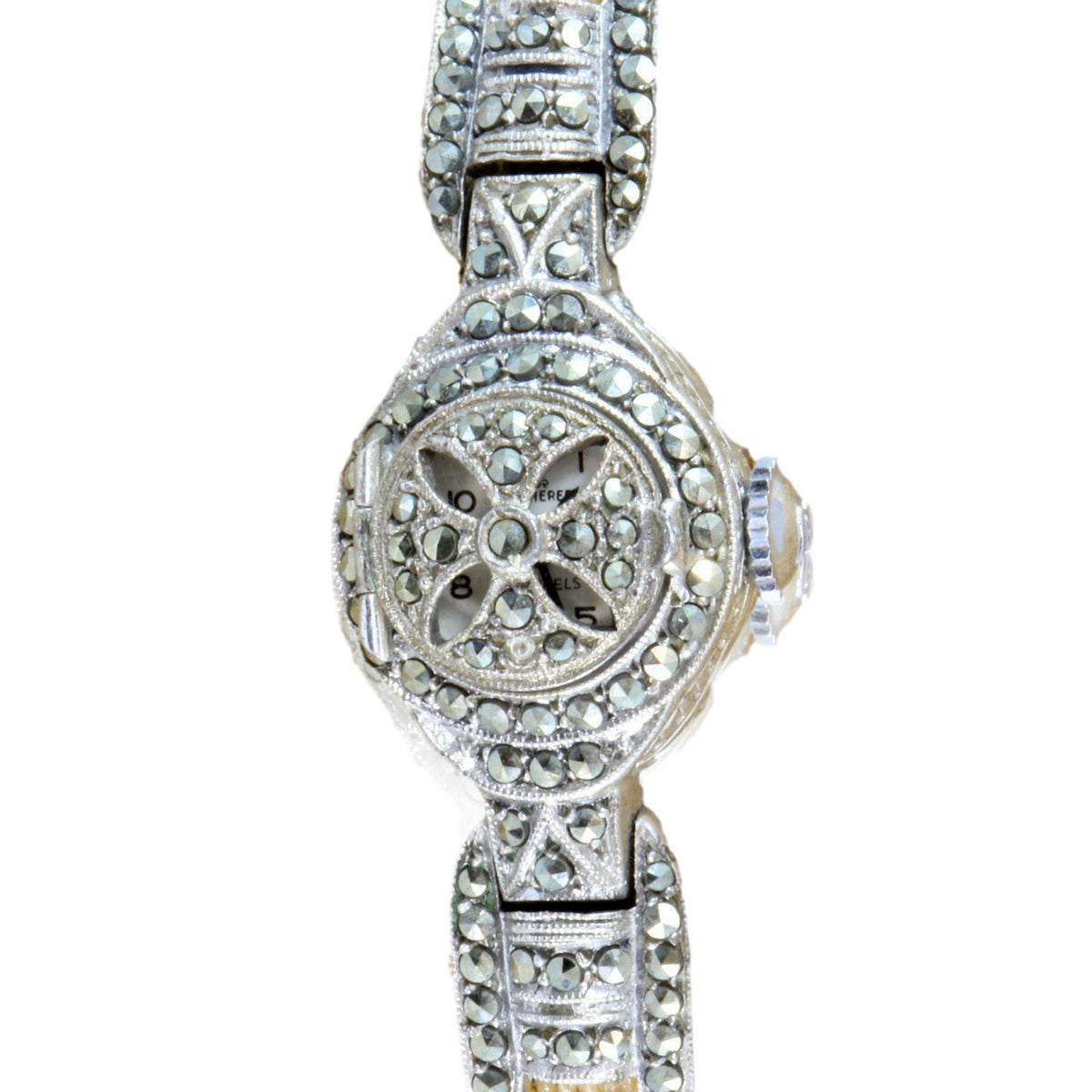 Swiss Peak-A-Boo 17 Jewel 1950s Marcasite Cuff Wristwatch