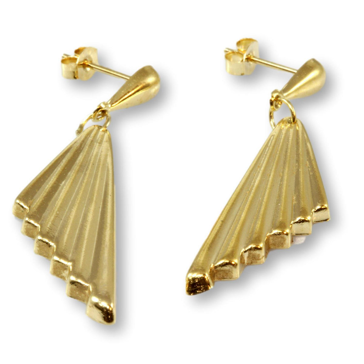 14K Yellow Gold Vintage Fan Design Dangling Drop Earrings