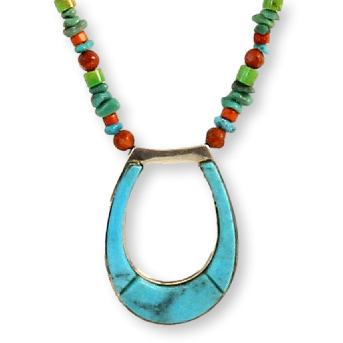 Multistone Beaded Necklace Faux Turquoise Inlay Pendant
