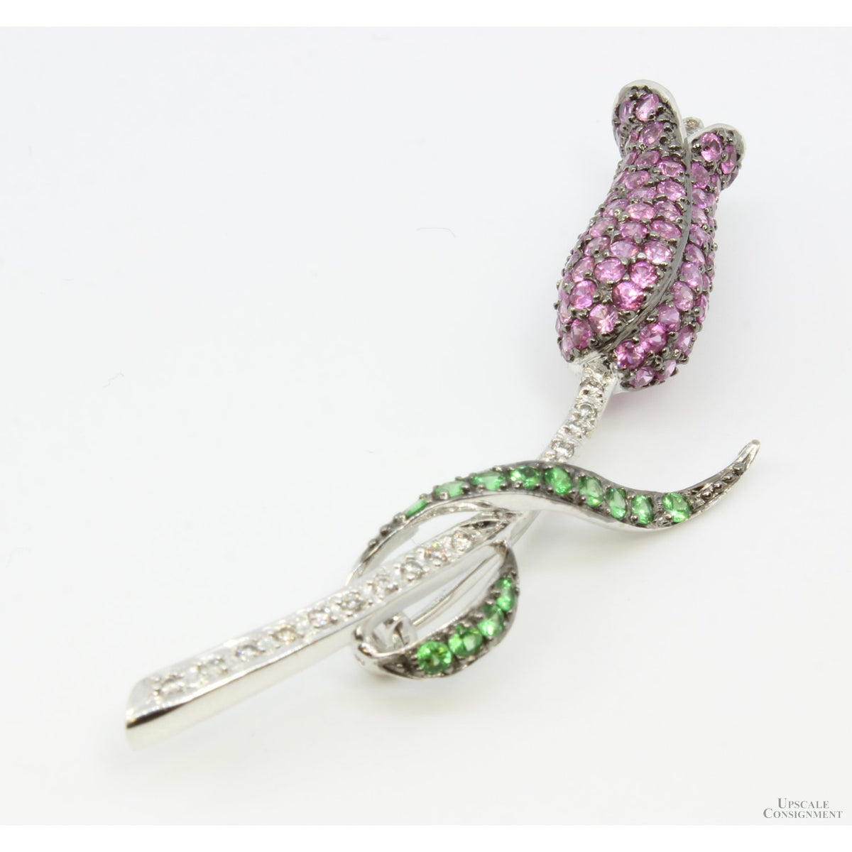 2.5ctw Pink Sapphire & Tsavorite Garnet Gems, .25ctw Diamond 14K Brooch