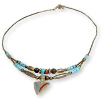 Silver, Coral, Turquoise Bead Necklace w/Turquoise & Coral Mosaic Arrowhead