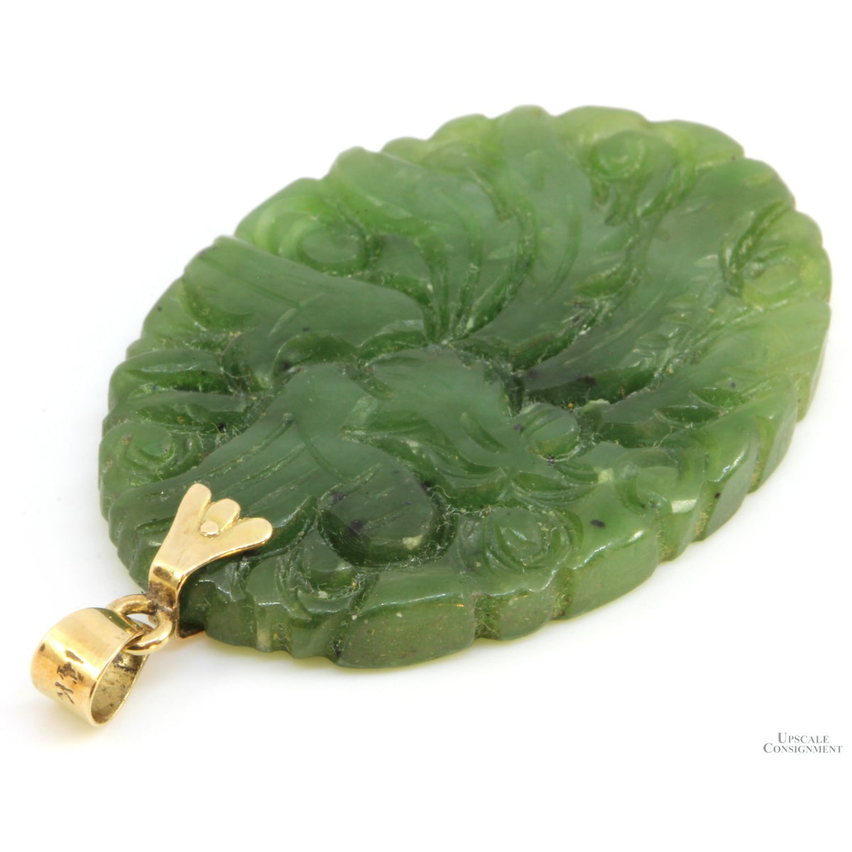 14K Gold Green Jadeite Jade Carved Bird Pendant