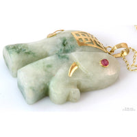 14K Jadeite Jade & Pink Spinel Elephant Pendant Necklace