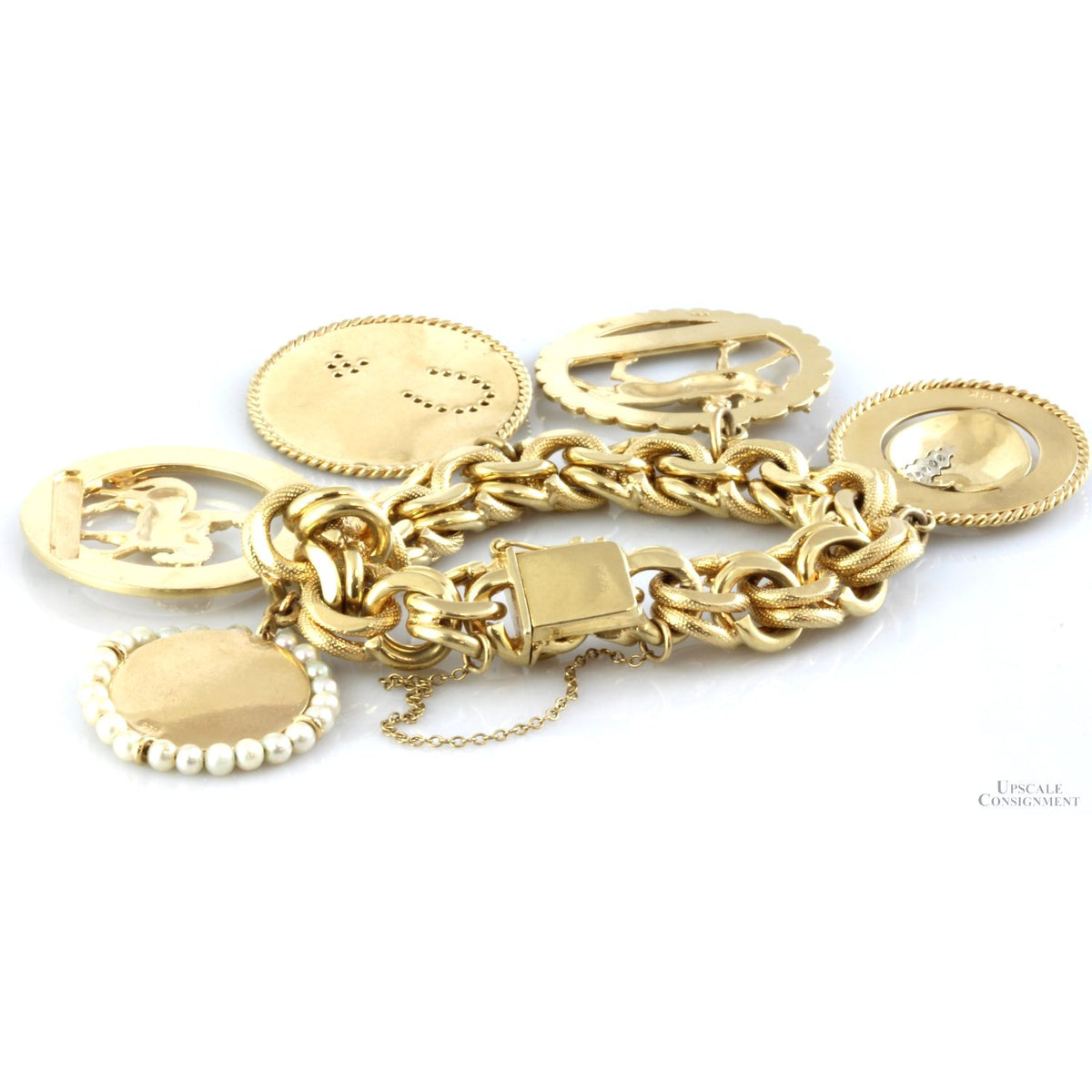 14K Gold Double Curb Link Charm Bracelet - .31ctw Diamonds .30ctw Rubies Pearls