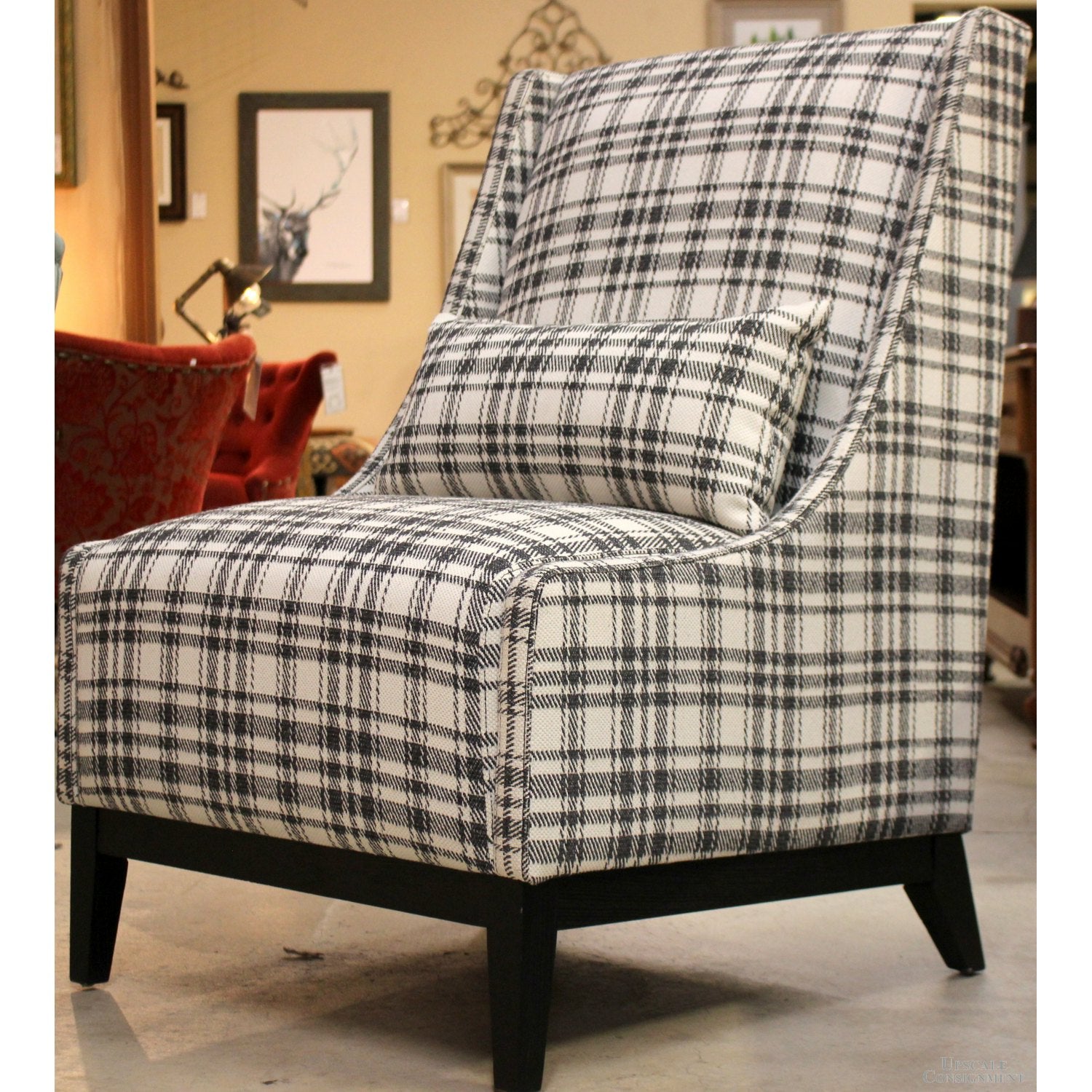 Plaid tweed Chair w Pillow Ottoman Upscale Consignment