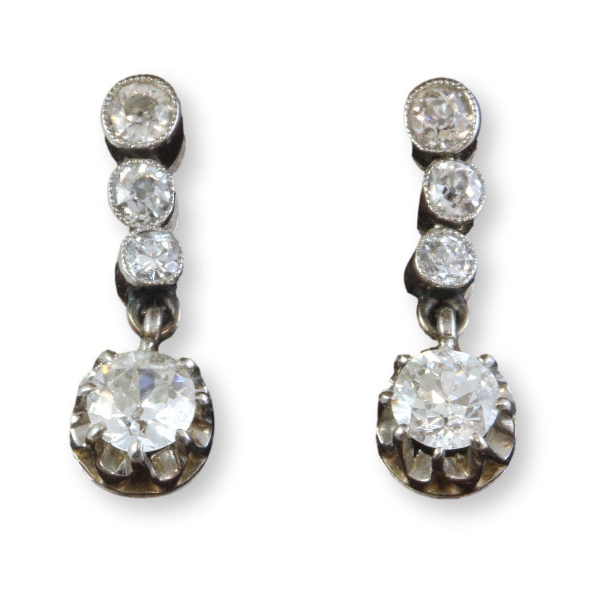 Antique 14K Gold Dangling Earrings .92ctw Old Mine Cut Diamonds