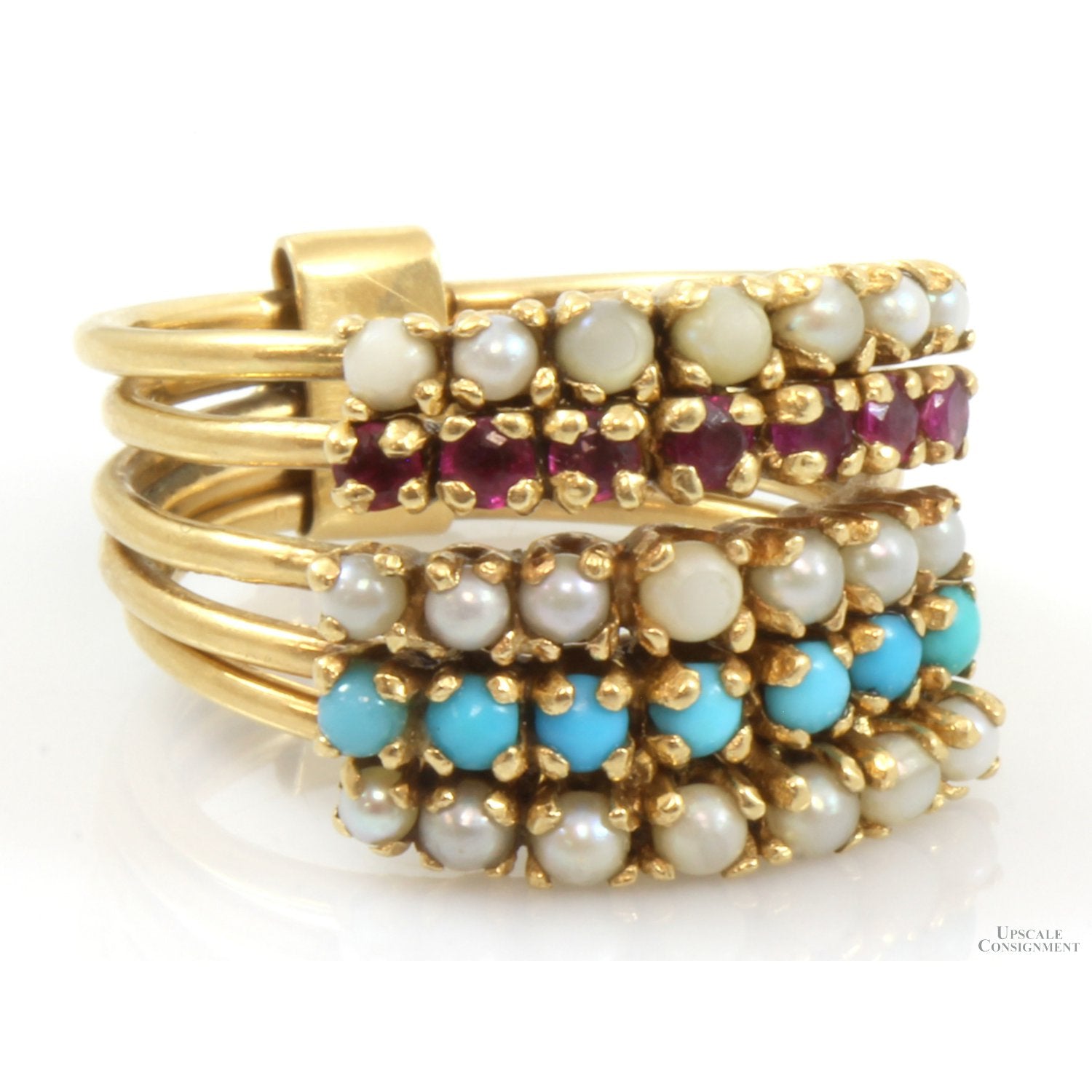 14K Gold Pearl Ruby Turquoise Princess Harem Stacking Bands Upscale Consignment