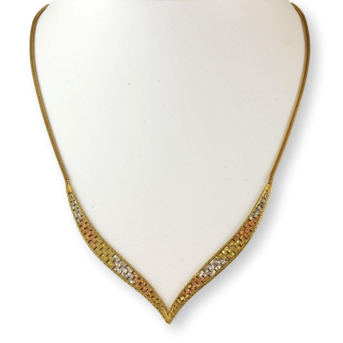 Italian 14K Tri-Color Gold Riccio V-Shape Necklace