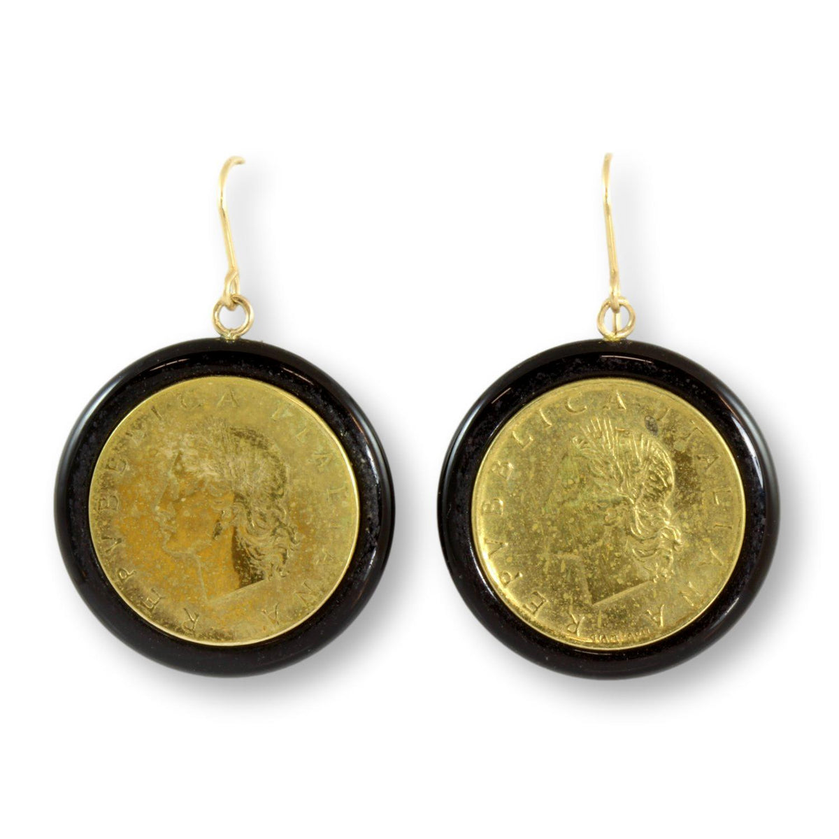 Italiana Repubblica Lira Coin Black Onyx 14K Gold Earrings