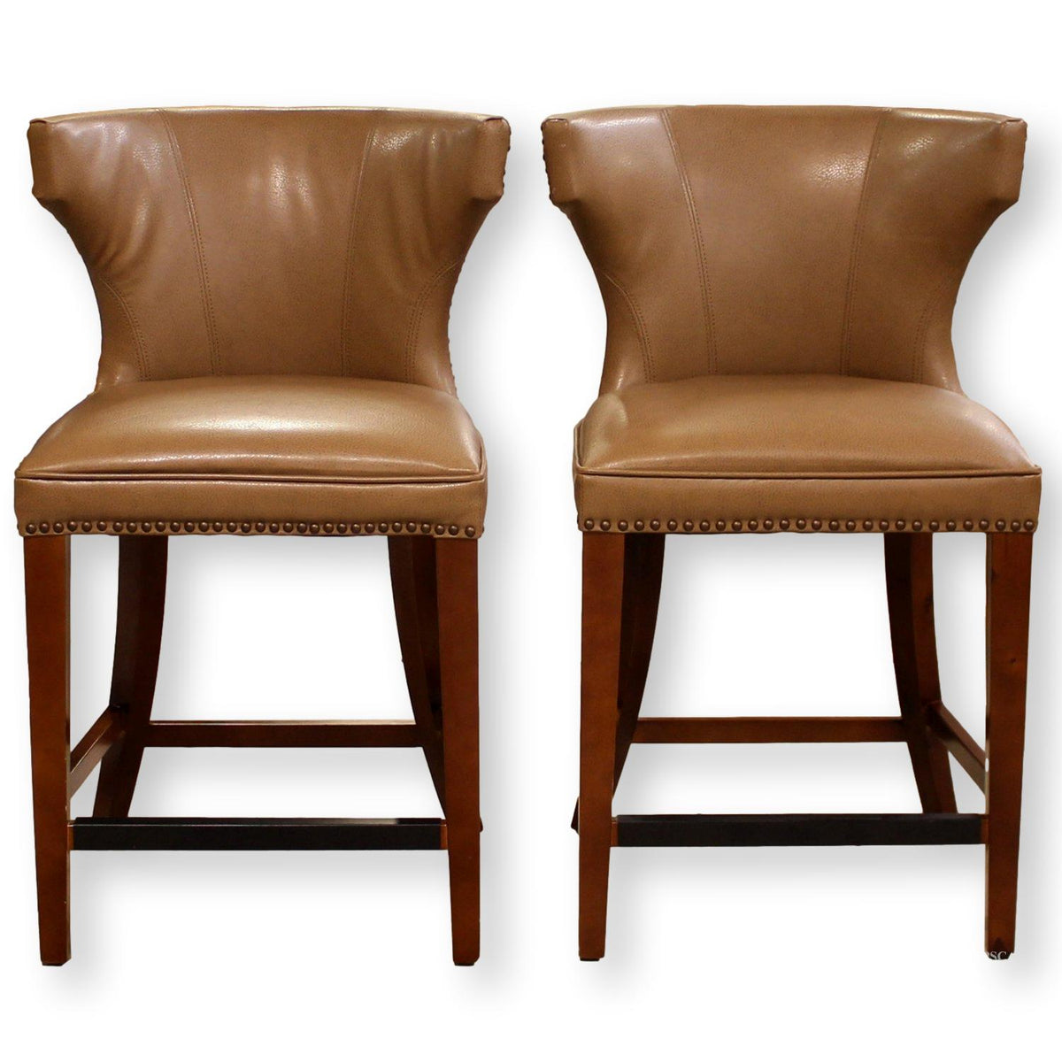 Grandin Road Pair of Leather & Wood Counter Stools