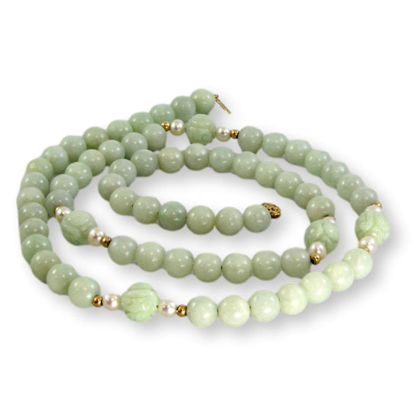Light Green Nephrite Jade Pearl 14K Gold Bead Necklace