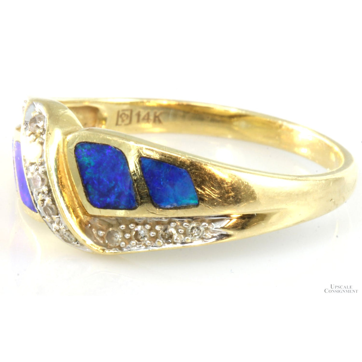 Blue & Green Opal Inlay & .13ctw Diamond 14K Gold Ring