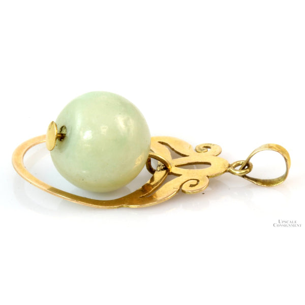 Dangling Green Nephrite Bead & 14K Gold Pendant
