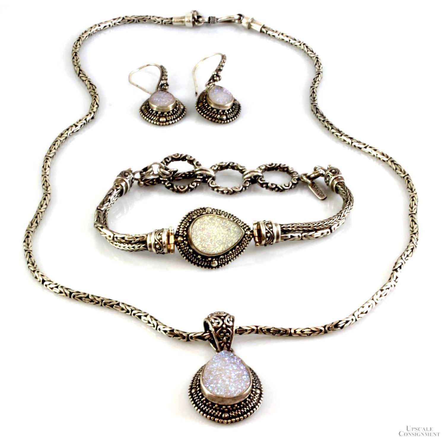 Sterling Silver Quartz Druzy Necklace Bracelet Earring Set Upscale Consignment