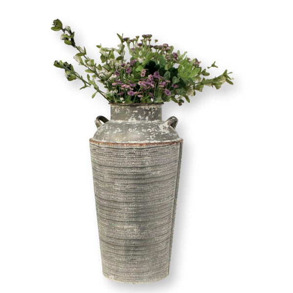 Milk Jug Vase w/Purple Flowers