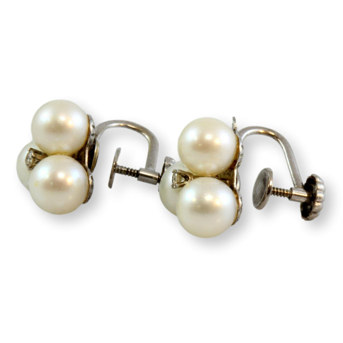 7mm White Pearl & .06ctw Diamond 14K Gold Screw Back Earrings