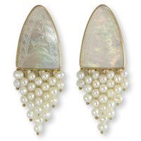 Carved Mother of Pearl Gaming Chip & Pearl 14K Gold Earrings
