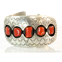 Vintage Navajo 5-Stone Red Coral Sterling Silver Shadow box Cuff by P. Benally