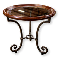 Ethan Allen Round Iron, Wood, & Glass End Table