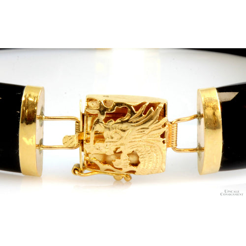 7.5(l) Black Onyx/Chalcedony Link 14K Gold Bracelet - Dragon Face Clasp