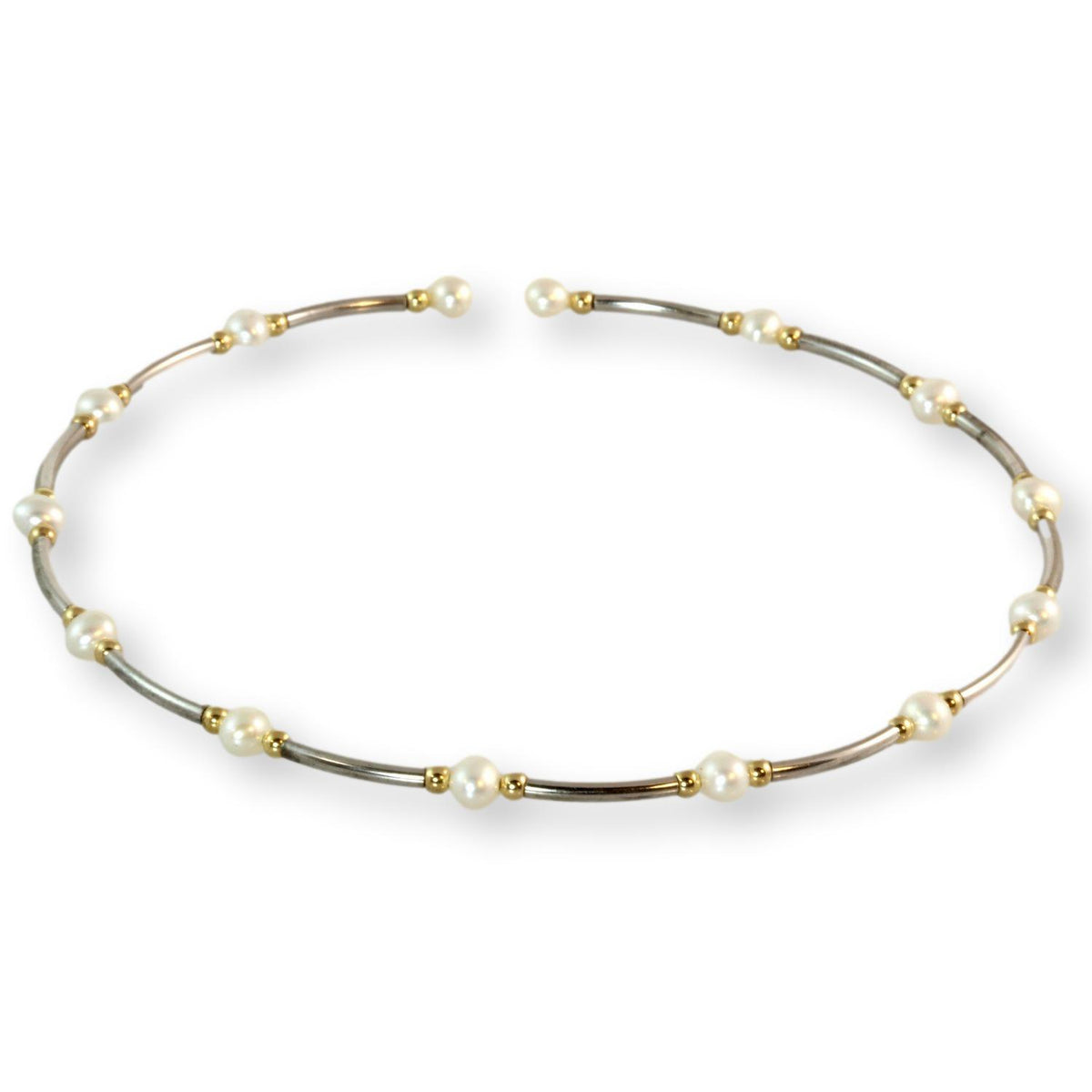 Sterling Silver 14K Yellow Gold Bead Pearl Torque Collar Necklace
