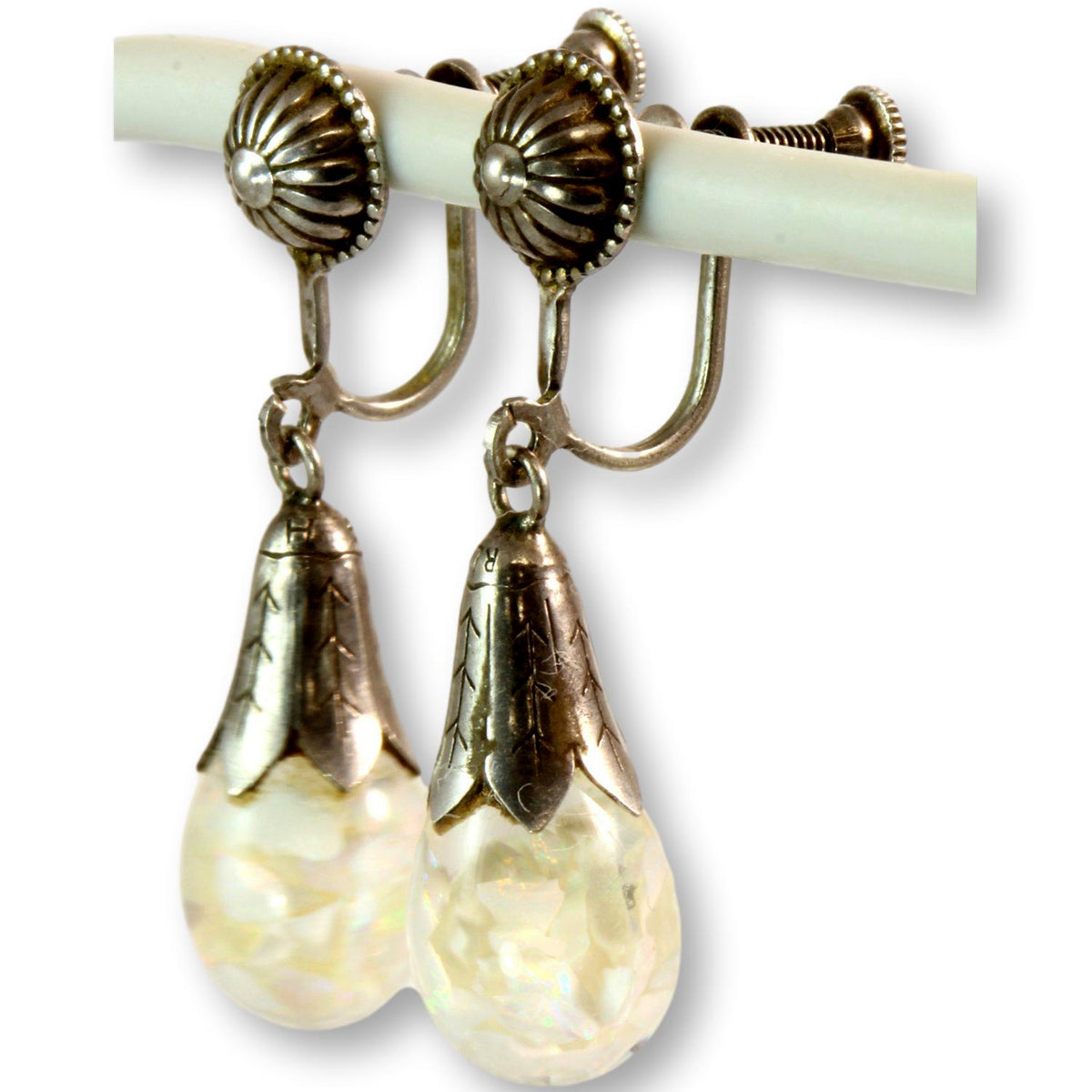 Circa 1940s Floating Opal Glass Globe Dangling Screw Back Sterling Silver Earrings