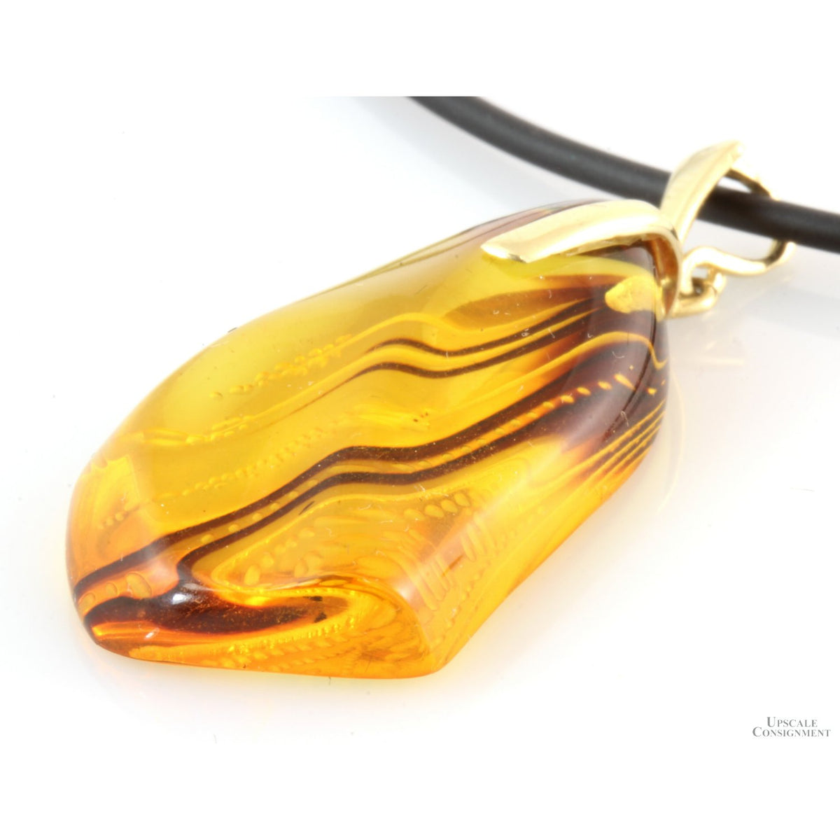 Fancy Cut Etched Amber 14K Yellow Gold Pendant Necklace