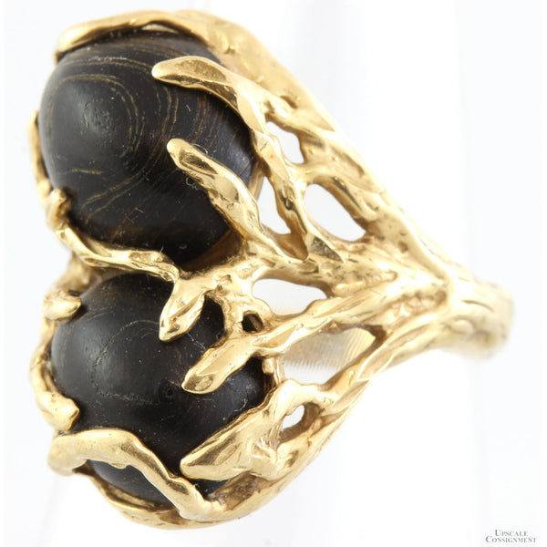 16.8ctw Black Coral Cabochon Toi et Moi 14K Yellow Gold Ring