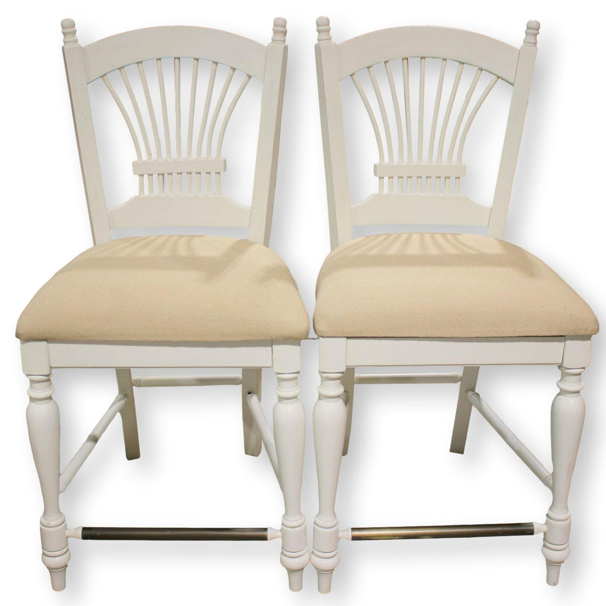 Pair of White Counter Stools w/Brass Foot Rests