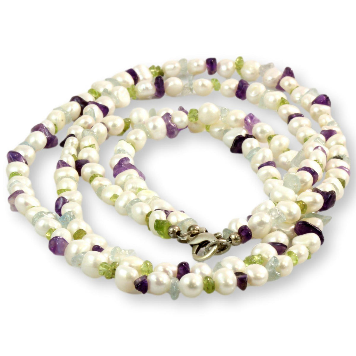 Cultured Pearl, Amethyst, Peridot, Aquamarine Double Strand Necklace