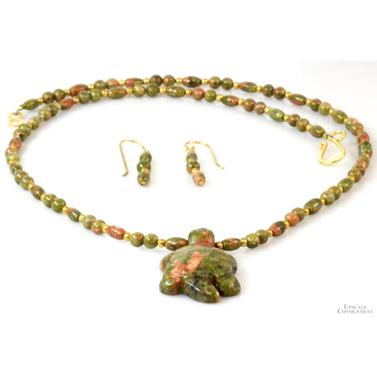 Unakite & Gold Bead & Carved Turtle Pendant Necklace & Earring Set