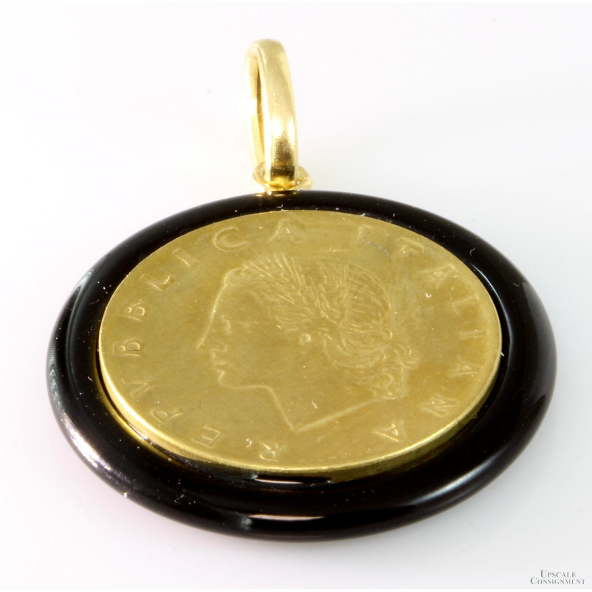 Italiana Repvbblica Lira Coin Black Onyx 14K Gold Pendant