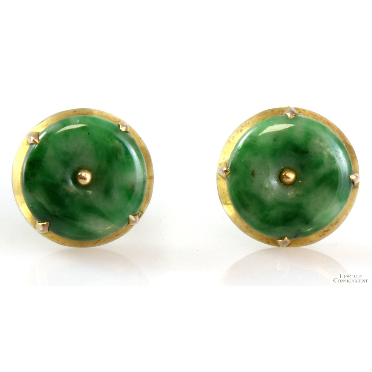Green Jadeite 9.33mm Round 14K Yellow Gold Stud Earrings