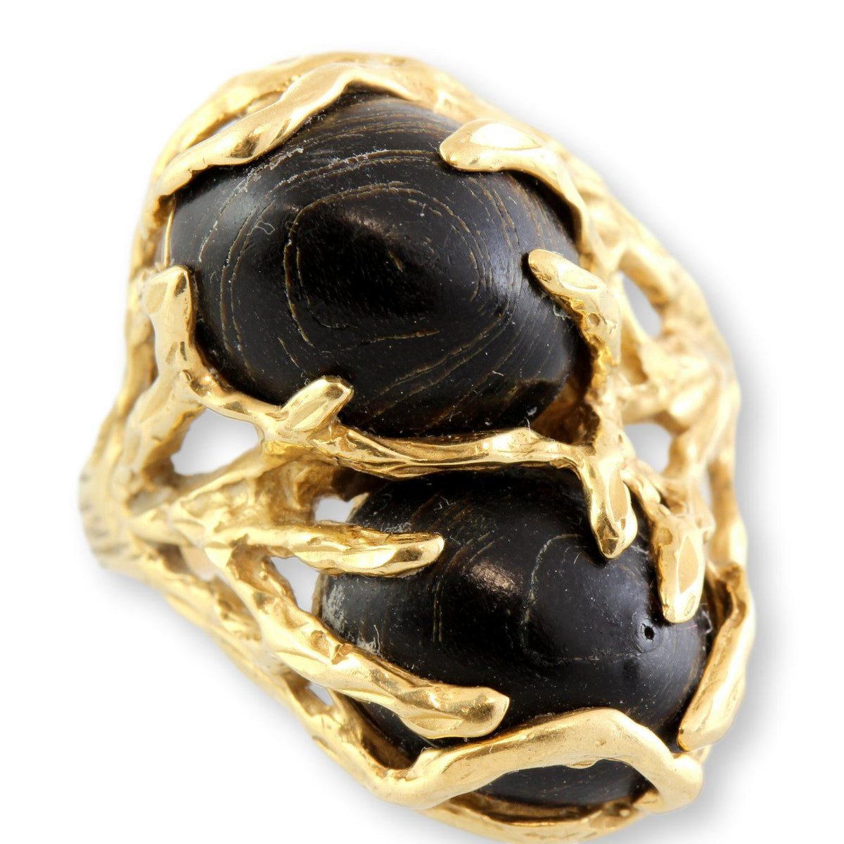 16.8ctw Black Coral Cabochon Toi et Moi 14K Yellow Gold Ring
