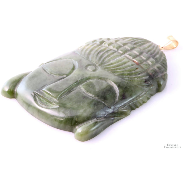 Carved Green Nephrite Jade Guan Yin Buddha 14K Pendant