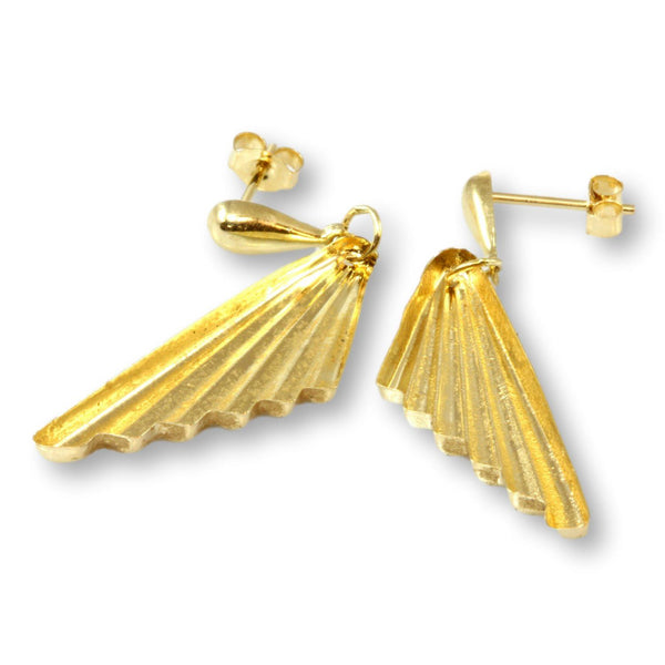 14K Yellow Gold Vintage Fan Design Dangling Drop Earrings